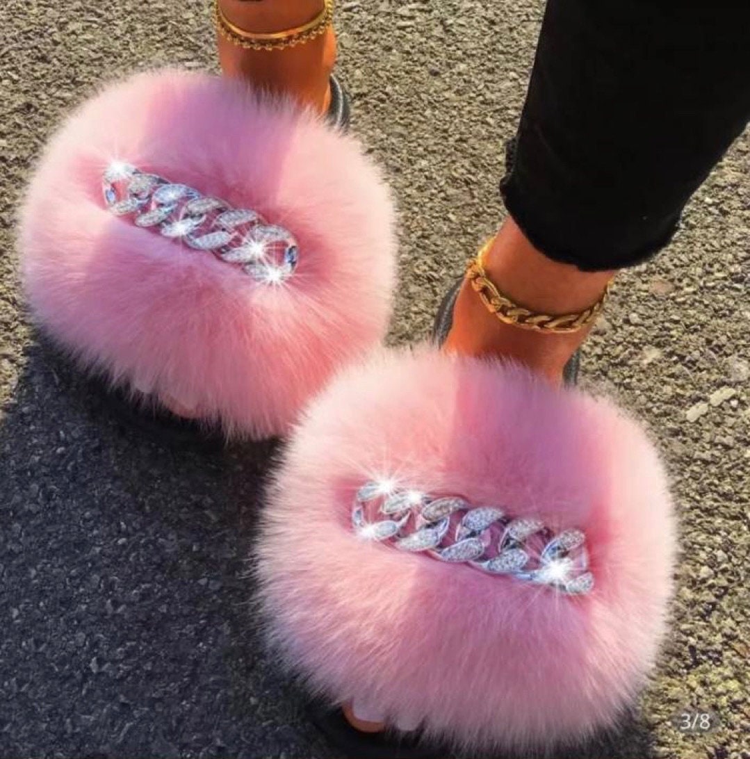 Pink Women's Diamond Bling Slides Fuzzy Furry Slippers Comfort