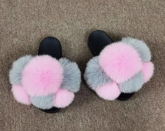 Pom-Pom Fur Slides, Furry Slippers, House shoes, Fall slippers, Gifts for her, Gifts under 100, Gifts under 50, Fluffy Slides, Mink Fur Shoe