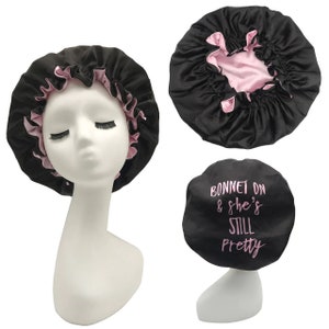 Reversible Satin Bonnets Multiple Colors Available Protective Hair Bonnet. Oversized Bonnet, Double Sided Bonnet Black/Pink