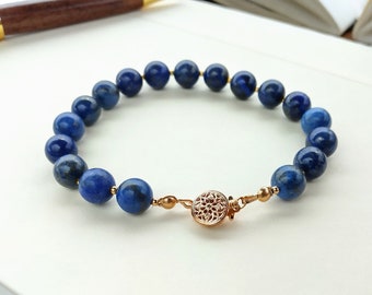 Lapis Lazuli Bracelet with 14k Gold Decorative Floral Filigree Clasp, Natural Gemstone Jewelry, Quiet Luxury Style