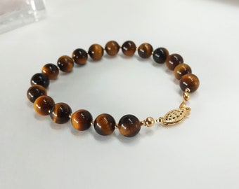 Tiger's Eye Bracelet with 14k Gold Decorative Clasp, Natural Gemstone Jewelry, Classic Style