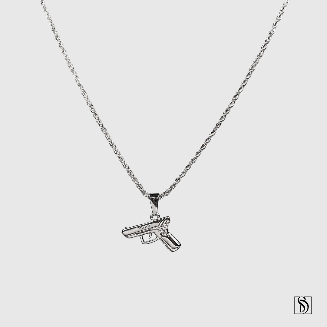 18K Silver 9mm Pistol Hand Gun Pendant Necklace, Premium Revolver Charm