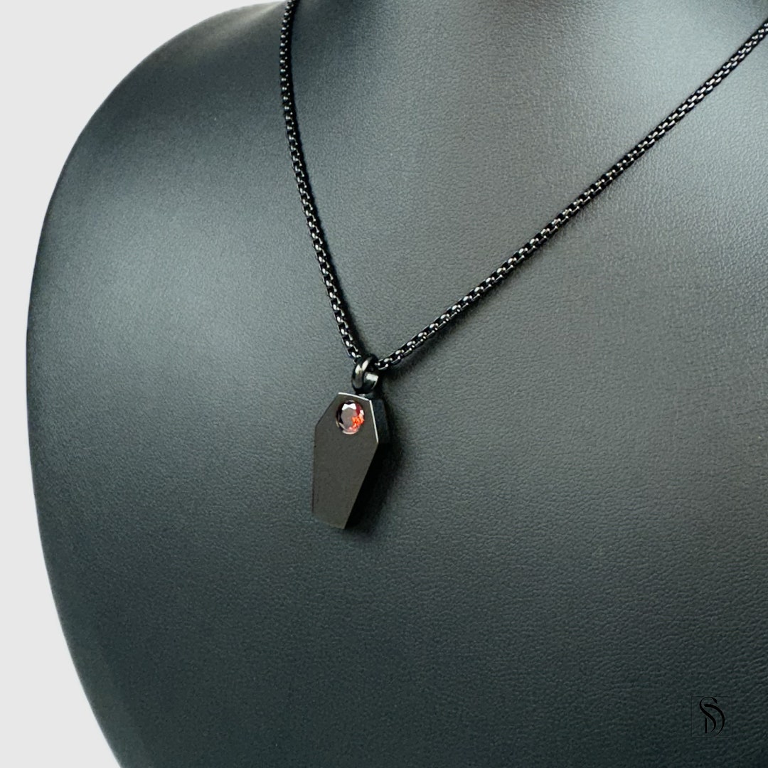 Amulet of Fury OSRS Inspired Black Coffin Red Gemstone Box Chain Necklace Jewelry Gift for