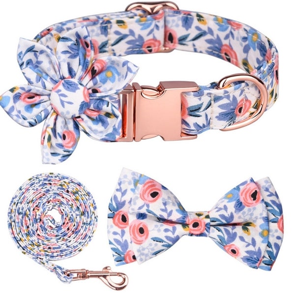 Breathable Cotton Blue Dog Collar, Dog Leash, Floral Decoration, Bowtie pup-Small Medium Large Cute Girl Boy Dogs, 4 pcs Pet Item in a set.