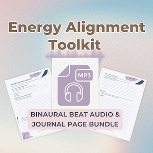 Puede incluir: Un paquete de descarga digital morado y blanco para la alineación energética. El paquete incluye un archivo de audio de ritmo binaural y una página de diario imprimible. El archivo de audio está etiquetado como "MP3" y presenta un icono de auriculares. La página del diario se titula "Energy Alignment Check In".