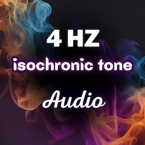 Puede incluir: Una ilustración digital de humo púrpura, azul y naranja arremolinado con el texto "4 Hz isochronic tone Audio" en blanco.