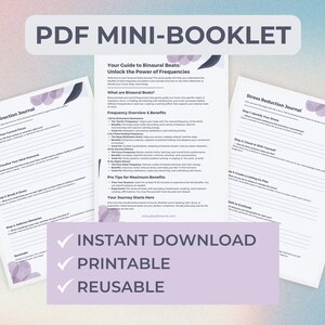Op de afbeelding: Een PDF-mini-boekje met een paars bloemenontwerp. Het boekje heeft de titel "Uw gids voor binaurale beats: Ontgrendel de kracht van frequenties". Het boekje bevat een dagboek voor helderheid van richting en een dagboek voor stressreductie. De tekst "INSTANT DOWNLOAD", "PRINTABLE" en "REUSABLE" wordt weergegeven in groene vinkjes.