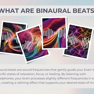 Op de afbeelding: Een illustratie van binaurale beats, die geluidsfrequenties zijn die je hersenen zachtjes leiden naar specifieke toestanden van ontspanning, focus of genezing. De afbeelding toont vier kleurrijke abstracte ontwerpen met witte geluidsgolflijnen.