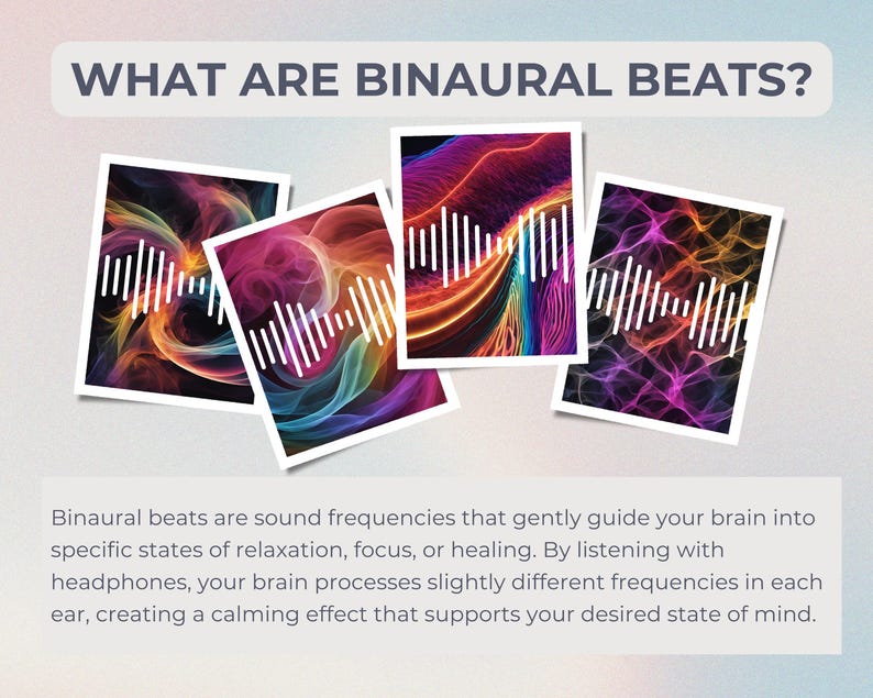 Op de afbeelding: Een illustratie van binaurale beats, die geluidsfrequenties zijn die je hersenen zachtjes leiden naar specifieke toestanden van ontspanning, focus of genezing. De afbeelding toont vier kleurrijke abstracte ontwerpen met witte geluidsgolflijnen.