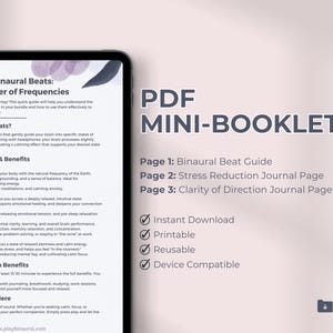 Op de afbeelding: Een roze en witte digitale downloadbare brochure met de titel "PDF MINI-BOOKLET". De brochure bevat informatie over binaurale beats en hun voordelen. De brochure is direct te downloaden en is printbaar, herbruikbaar en apparaatcompatibel.