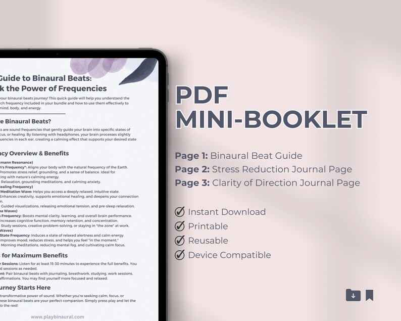 Op de afbeelding: Een roze en witte digitale downloadbare brochure met de titel "PDF MINI-BOOKLET". De brochure bevat informatie over binaurale beats en hun voordelen. De brochure is direct te downloaden en is printbaar, herbruikbaar en apparaatcompatibel.