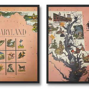 Authentieke vintage Maryland 2-pagina tijdschrift spread (geen herdruk/kopie) - november 1947 - zalm / roze geïllustreerde kaart voor Beach House