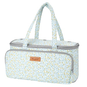 May include: A light blue quilted tote bag with a floral pattern and a brown leather patch that says "Ranfetch". The bag has two top handles and a zipper closure.