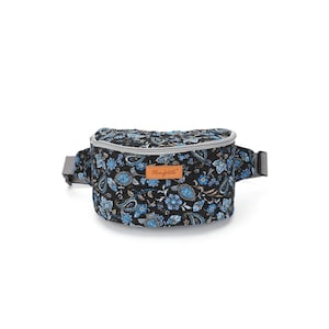 May include: A black fanny pack with a blue and white floral pattern. The pack has a gray zipper and a brown leather patch with the word "Homfatch" on it.
