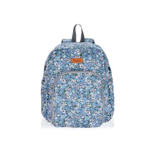 May include: A blue floral backpack with a gray zipper and a brown leather patch that says "Honeycomb".