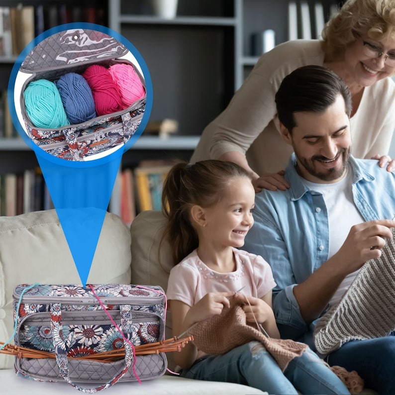 May include: A gray and white floral patterned tote bag with a zippered top and two handles. The bag is open and filled with three balls of yarn in pink, blue, and teal. The bag is sitting on a couch with a girl and two adults in the background.