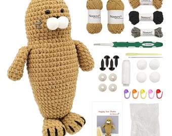 Noocro Amigurumi Crochet Kit for Beginners, DIY Hugging Seal Plushie Kit with Soft Chenille Yarn and Complete Kit