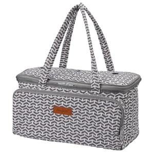 May include: A gray and white chevron patterned insulated tote bag with a brown leather patch that says "Hanfetz".