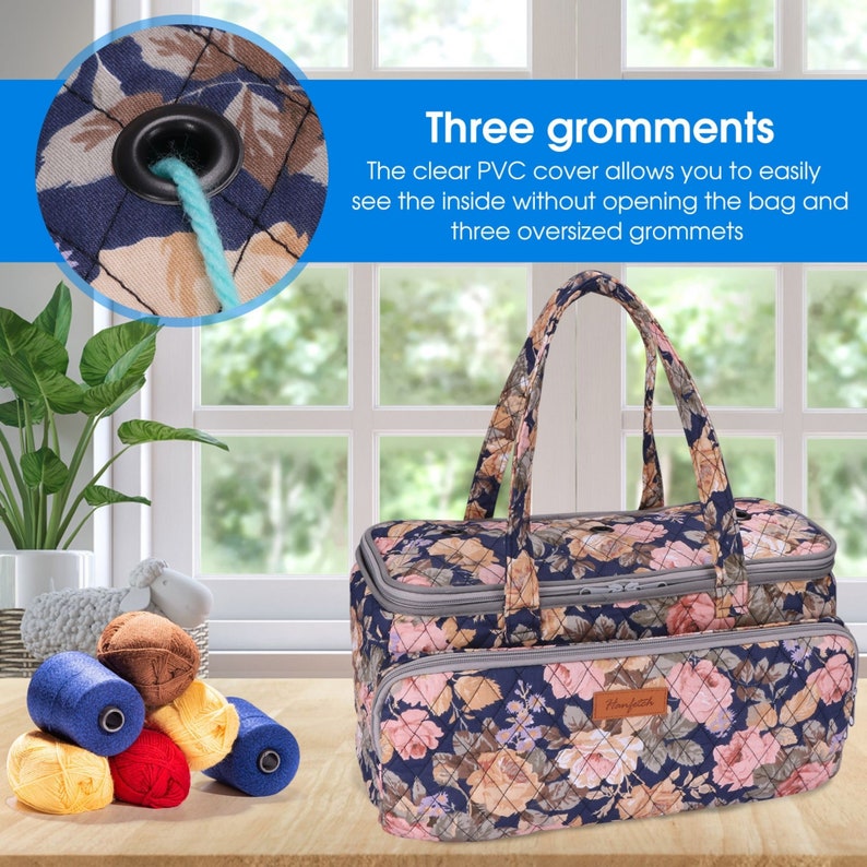 May include: A floral patterned fabric tote bag with a zippered top and a clear plastic window. The bag has three large grommets and a label that says "Hanfeth".