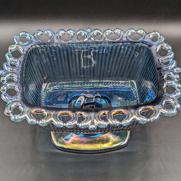 Vintage Carnival Indiana Glass Pedestal Candy Dish Blue Iridescent Lace Edge