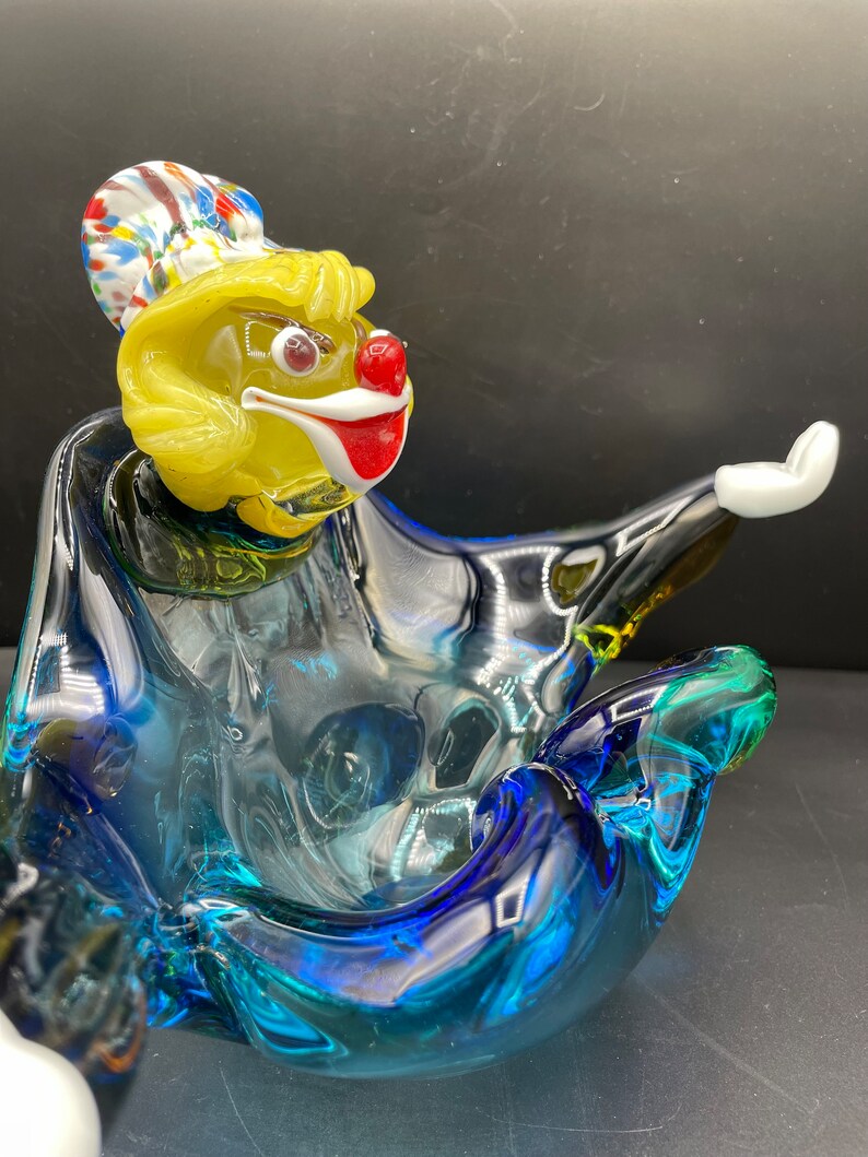 Vintage Murano Style Art Glass Clown Ashtray Candy Bowl Dish Blown