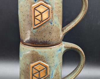 Ocean Fire Studio Pottery Mugs York Maine Ceramic Green Brown Tan Glaze Set of 2