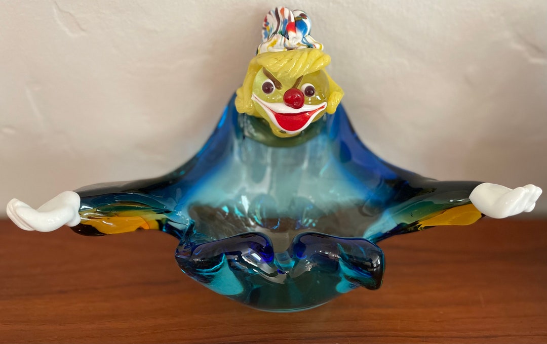 Vintage Murano Style Art Glass Clown Ashtray Candy Bowl Dish Blown