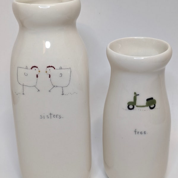 Beth Mueller "Sisters" & "Free"  Vases Jars Chickens Scooters Set of 2