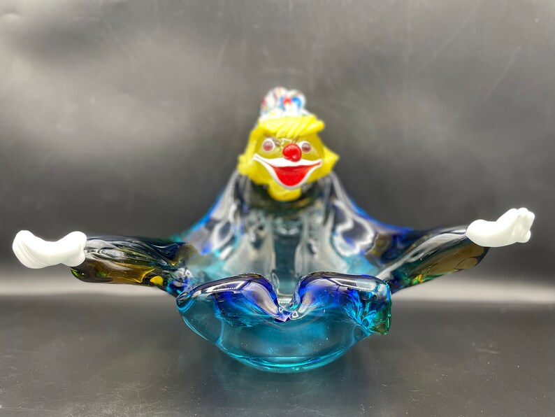 Vintage Murano Style Art Glass Clown Ashtray Candy Bowl Dish Blown