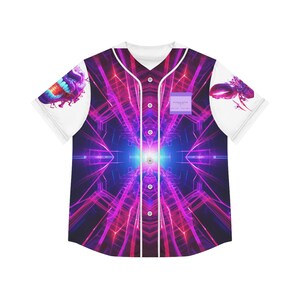 May include: Baseball jersey in white and purple, with a button-up front. The design is a vibrant geometric pattern in purple and blue, with insect graphics on the sleeves. A small purple label is on the chest.