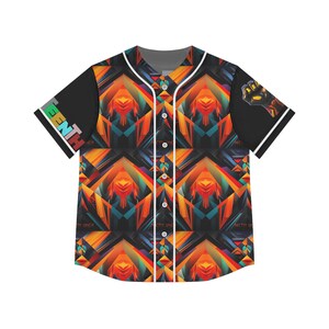 May include: Baseball jersey with a geometric pattern in shades of orange, teal, and black. The left sleeve has the word "TEENTH" in white letters. The right sleeve features a graphic of a raised fist. The jersey has a white collar and button-up front.