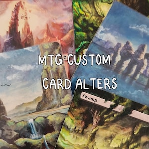 Może przedstawiać: Kolekcja niestandardowych kart kolekcjonerskich Magic: The Gathering z ręcznie malowanymi ilustracjami krajobrazów. Karty przedstawiają różne sceny, w tym góry, wodospady i lasy, z nałożonym tekstem MTG CUSTOM CARD ALTERS.