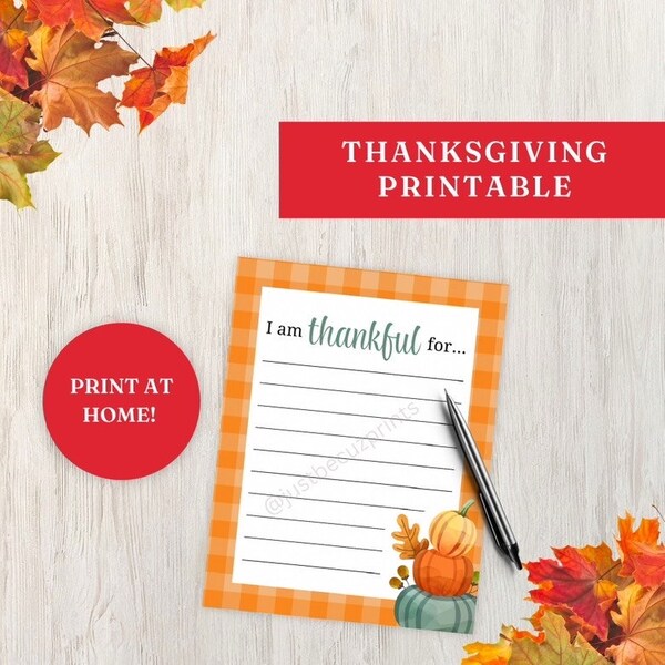 I am Thankful for Thanksgiving Pumkin Gingham Instant Download | Table Decor | Gratitude Card| Thanksgiving printable games|Family Time|