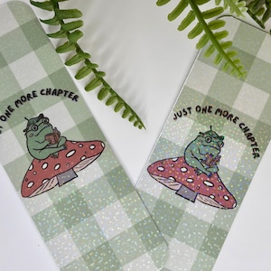 Just One More Chapter Bookmark, Cottagecore Frog, Sage Green Gingham, Gift for Bookworms