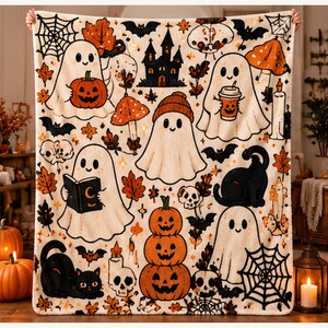 Vintage Halloween Ghost Blanket, Spooky Patchwork Pumpkin Throw, Black Cat Owl Autumn Flannel Blanket, Cozy Cottagecore Fall Decor