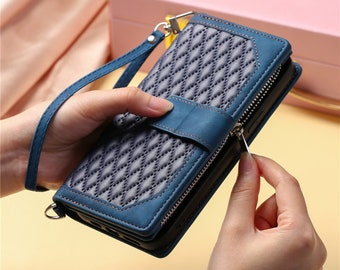 Leather Wallet Zipper Phone Case for iPhone 15 14 11 13 Pro Max 12 X XS XR 8 7 6s Plus SE 2022 Card Holder Cover Long Lanyard Flip