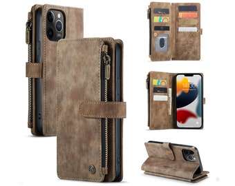 Leather iPhone Case, iPhone 13 Pro Max Case, Case Cover For iPhone 13 Zipper Wallet 2 In1 Design Card Slots Phone Cover, Card Slots Phone