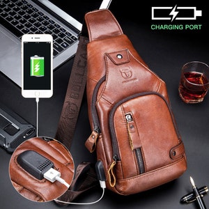 Leather Sling Bag Crossbody Men Bag Shoulder Messenger bag USB Charging Travel Shoulder Bag, Messenger Bag, Chest Bag, Messenger Phone Bag