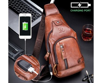 Leather Sling Bag Crossbody Men Bag Shoulder Messenger bag USB Charging Travel Shoulder Bag, Messenger Bag, Chest Bag, Messenger Phone Bag