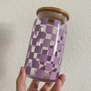Checkered Glass Cup | Pastel Glass Cup | Glass Cup with Bamboo Lid & Straw | Iced Coffee Cup | Reusable Glass Cup | Trendy Cup