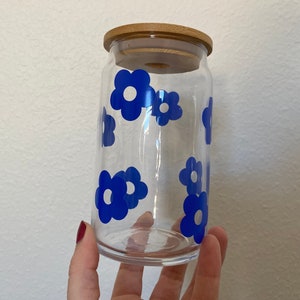 Retro Flower Glass Cup | Daisy Glass Cup | Glass Cup with Bamboo Lid & Straw | Iced Coffee Glass Cup | Reusable Glass Cup | Trendy Cup