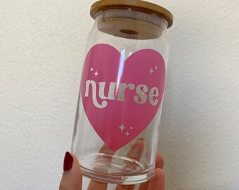 Nurse Heart Glass Cup | Heart Glass Cup | Glass Cup with Bamboo Lid & Straw | Nursing Glass Cup | Reusable Glass Cup | Nurse Gift