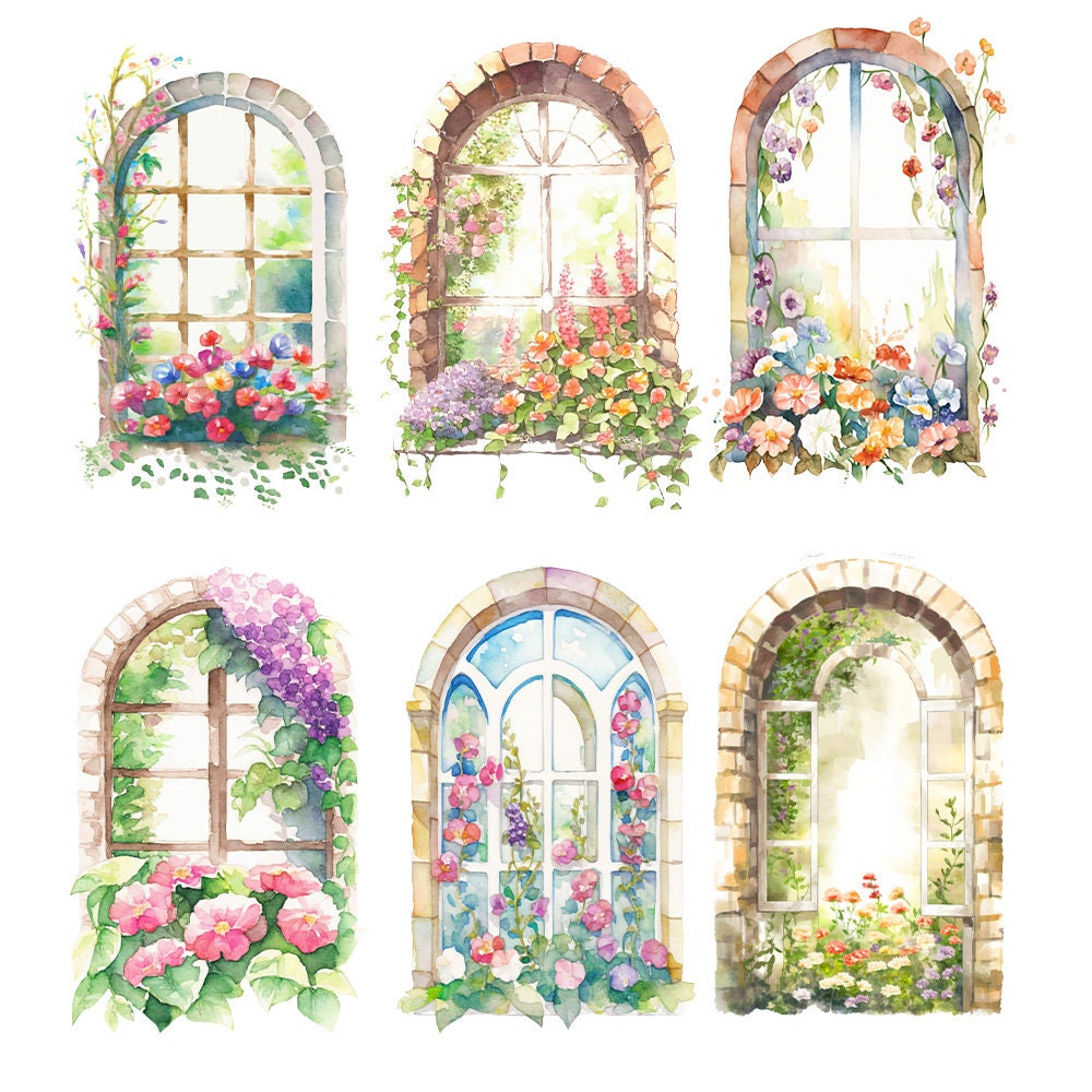 Watercolor Spring Windows Clipart - Flower Windows, Wildflowers, Format ...