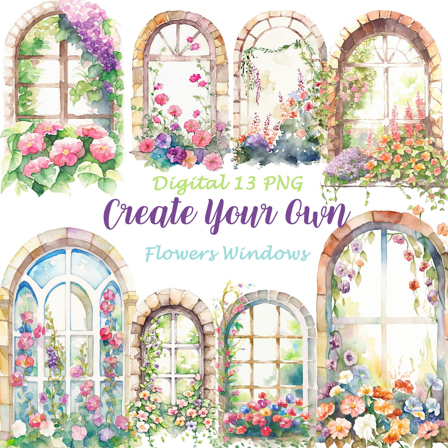 Watercolor Spring Windows Clipart - Flower Windows, Wildflowers, Format ...