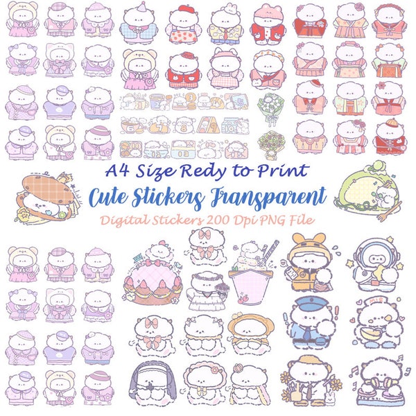 Digital Sticker Pack 500+Cute Kawaii Animals For Goodnotes Planner, A4 Size 200DPI Printable Sticky Lovely Bear Transparent Sticker, C04