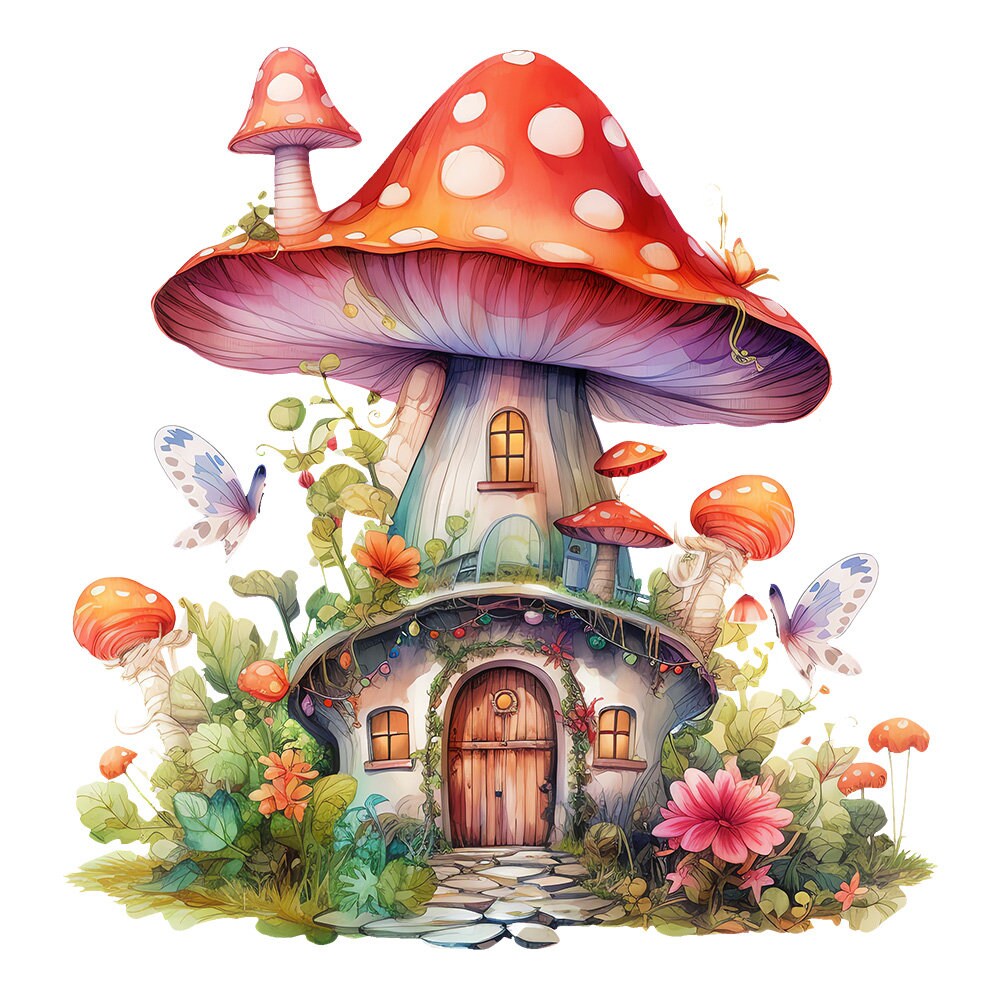 Retro Watercolor Mushroom House Elements, Fairy Tale House, Cute Forest ...