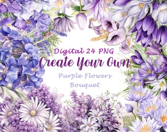 Retro Romantic Bouquets, Watercolor Purple Floral, Tulip, Wildflowers, Lotus, Daisy, Printable Stircks, Commercial Use, Digital clipart A34