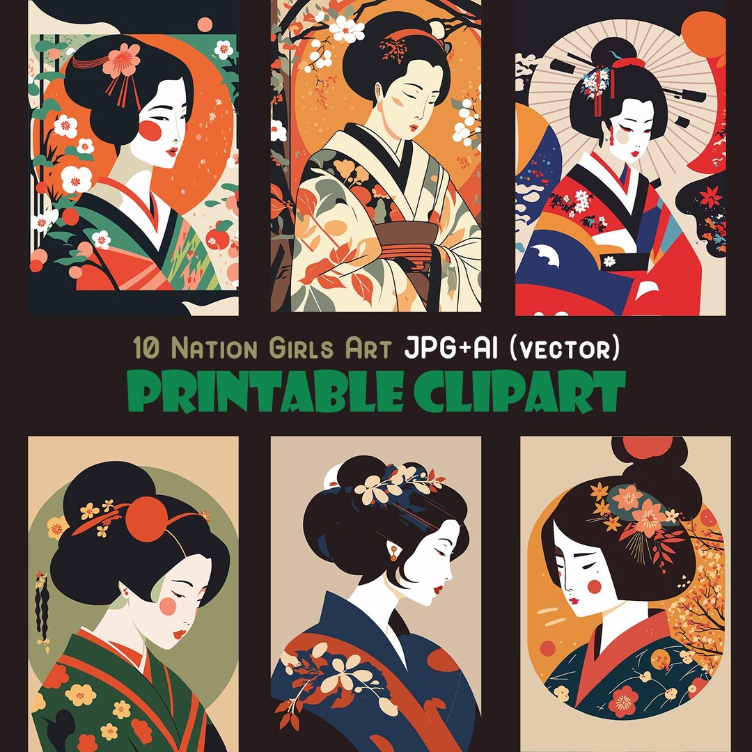 Japanese Geisha Clipart Bundle, Printable Vector Art (JPG, AI) - Etsy