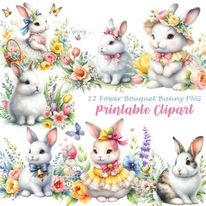 Lovely Bunnies PNG, Cute Watercolor Bunny with Flowers Clipart, Easter Rabbit Png, Transparent PNG Printable Stickers, Card Making, A106