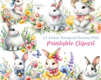 Watercolor Bunny Clipart, Easter Rabbit PNG, Floral Printable Stickers (Digital Download)